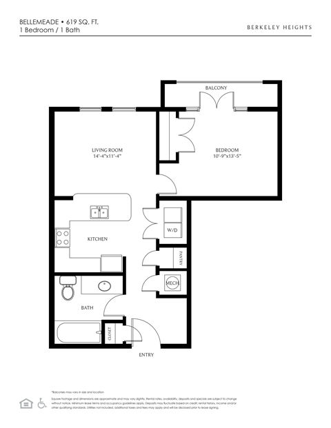Floor plan for 1 bed, 1 bath, 619 sqft